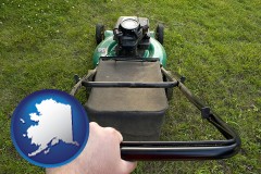 alaska map icon and using a power lawn mower to maintain the appearance of a lawn