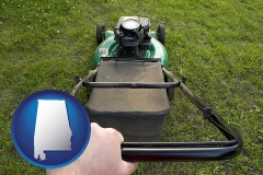 alabama map icon and using a power lawn mower to maintain the appearance of a lawn