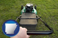 arkansas map icon and using a power lawn mower to maintain the appearance of a lawn