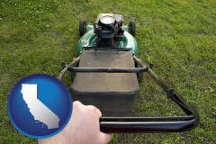 california map icon and using a power lawn mower to maintain the appearance of a lawn