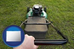colorado map icon and using a power lawn mower to maintain the appearance of a lawn