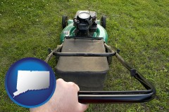 connecticut map icon and using a power lawn mower to maintain the appearance of a lawn