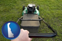 delaware map icon and using a power lawn mower to maintain the appearance of a lawn