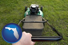 florida map icon and using a power lawn mower to maintain the appearance of a lawn