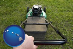 hawaii map icon and using a power lawn mower to maintain the appearance of a lawn