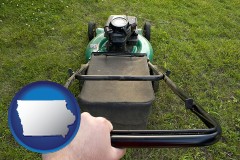 iowa map icon and using a power lawn mower to maintain the appearance of a lawn