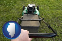 illinois map icon and using a power lawn mower to maintain the appearance of a lawn