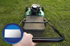 kansas map icon and using a power lawn mower to maintain the appearance of a lawn