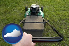 kentucky map icon and using a power lawn mower to maintain the appearance of a lawn
