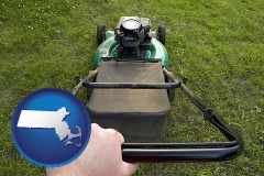 massachusetts map icon and using a power lawn mower to maintain the appearance of a lawn