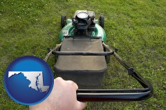 maryland map icon and using a power lawn mower to maintain the appearance of a lawn