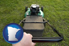 minnesota map icon and using a power lawn mower to maintain the appearance of a lawn