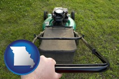 missouri map icon and using a power lawn mower to maintain the appearance of a lawn