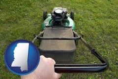 mississippi map icon and using a power lawn mower to maintain the appearance of a lawn