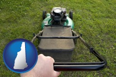 new-hampshire map icon and using a power lawn mower to maintain the appearance of a lawn