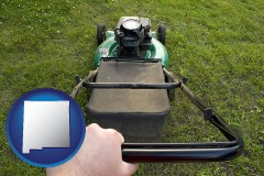 new-mexico map icon and using a power lawn mower to maintain the appearance of a lawn