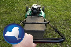 new-york map icon and using a power lawn mower to maintain the appearance of a lawn