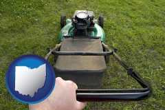 ohio map icon and using a power lawn mower to maintain the appearance of a lawn