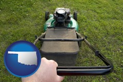 oklahoma map icon and using a power lawn mower to maintain the appearance of a lawn