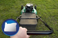 oregon map icon and using a power lawn mower to maintain the appearance of a lawn