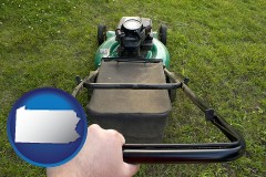 pennsylvania map icon and using a power lawn mower to maintain the appearance of a lawn
