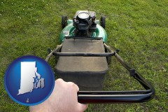rhode-island map icon and using a power lawn mower to maintain the appearance of a lawn