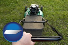tennessee map icon and using a power lawn mower to maintain the appearance of a lawn