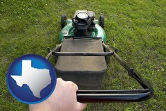 texas map icon and using a power lawn mower to maintain the appearance of a lawn