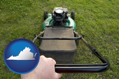 virginia map icon and using a power lawn mower to maintain the appearance of a lawn