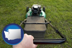 washington map icon and using a power lawn mower to maintain the appearance of a lawn
