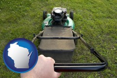 wisconsin map icon and using a power lawn mower to maintain the appearance of a lawn