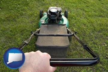 using a power lawn mower to maintain the appearance of a lawn - with Connecticut icon