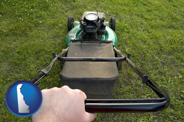 using a power lawn mower to maintain the appearance of a lawn - with Delaware icon