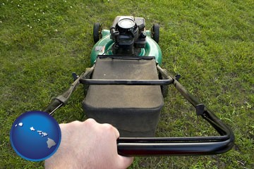 using a power lawn mower to maintain the appearance of a lawn - with Hawaii icon