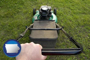 using a power lawn mower to maintain the appearance of a lawn - with Iowa icon