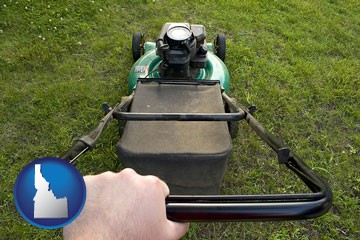 using a power lawn mower to maintain the appearance of a lawn - with Idaho icon
