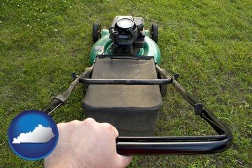 using a power lawn mower to maintain the appearance of a lawn - with Kentucky icon