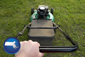 using a power lawn mower to maintain the appearance of a lawn - with Massachusetts icon