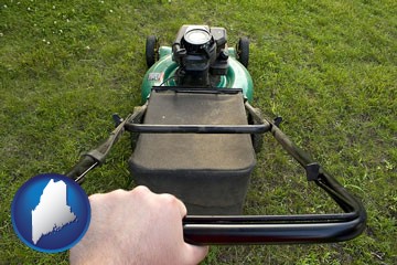using a power lawn mower to maintain the appearance of a lawn - with Maine icon