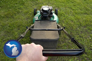 using a power lawn mower to maintain the appearance of a lawn - with Michigan icon
