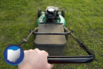 using a power lawn mower to maintain the appearance of a lawn - with Ohio icon