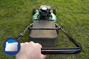 using a power lawn mower to maintain the appearance of a lawn - with Oregon icon