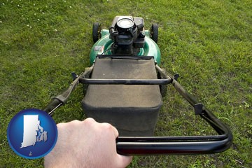 using a power lawn mower to maintain the appearance of a lawn - with Rhode Island icon