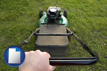 using a power lawn mower to maintain the appearance of a lawn - with Utah icon