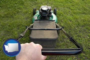 using a power lawn mower to maintain the appearance of a lawn - with Washington icon
