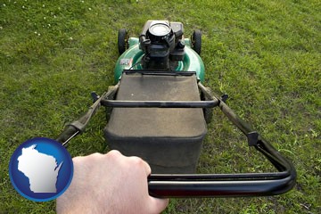 using a power lawn mower to maintain the appearance of a lawn - with Wisconsin icon
